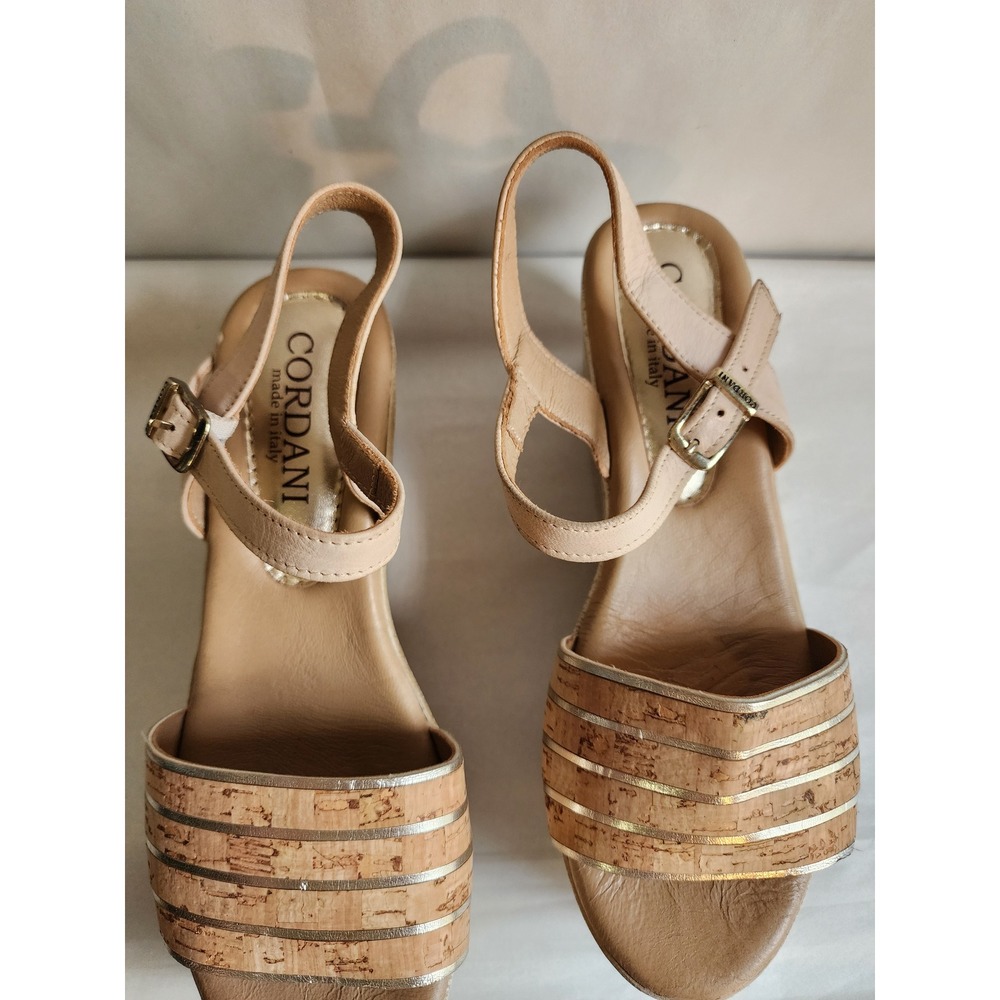 Cordani Metallic Cork Platform Wedge Sandals Tan Leather Made in Italy Size 38